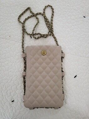 Quilted Beige Crossbody Phone Bag with Floral Accent